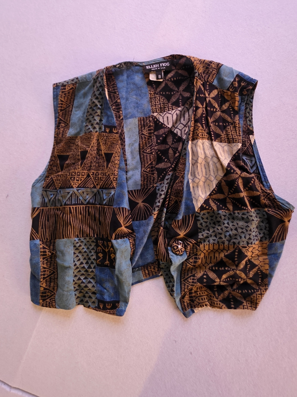Vintage Boho Ellen Figg Patchwork Print Vest - Blue & Black